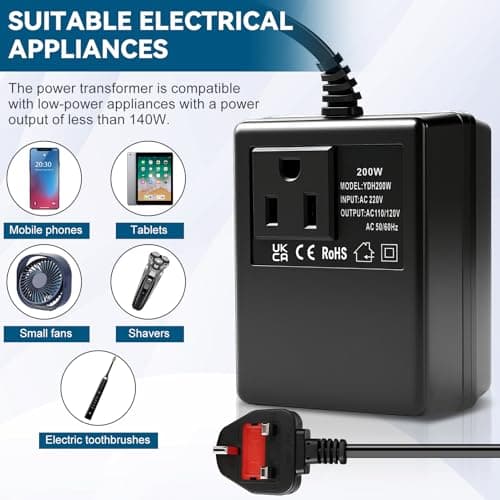 Jadeshay 220V to 110V Transformer 200W Voltage Converter UK Plug to US Step Down Transformer with Temperature Protection, Travel Power Adapter for Low Power Devices, Phones, Tablets, POS Machine — view 6