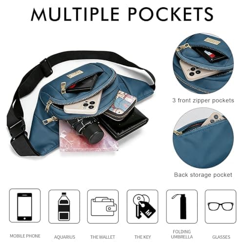 ADUDVLO Bumbags for Ladies Women Men Lightweight Adjustable Bum Bag Fanny Pack with 4 Zipper Pockets,Fashionable Waist Pack for Travel, Running, Hiking, Cycling (Blue) — view 4