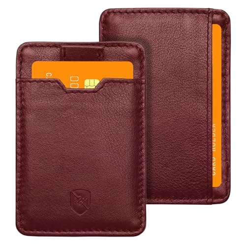 ALLEN & MATE 100% Leather Slim Minimalist Wallet for Men – RFID Blocking Credit Card Holder with Smart Strap – Holds 5 Cards – Compact Front Pocket Wallet (Maroon)