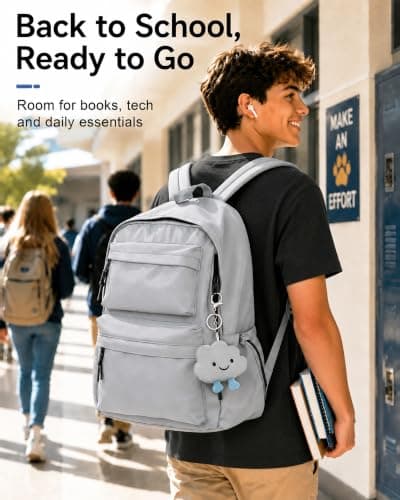 FIORETTO Backpack Womens School Bag Girls Boys, Lightweight Water-Resistant Fits 15.6” Laptop Large Capacity Rucksack with Anti-Theft Pocket, Ideal for School College Commuting Travel Grey — view 2