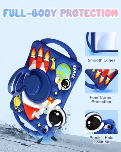 Kokaade Kids Case for iPad A16 11th (2025) /10th (2022) Generation 11 Inch - for Boys Girls Teens Cute Cartoon Astronaut Spaceship Silicone Case with Strap & Rotating Stand & Handle Tablet Cover — view 6