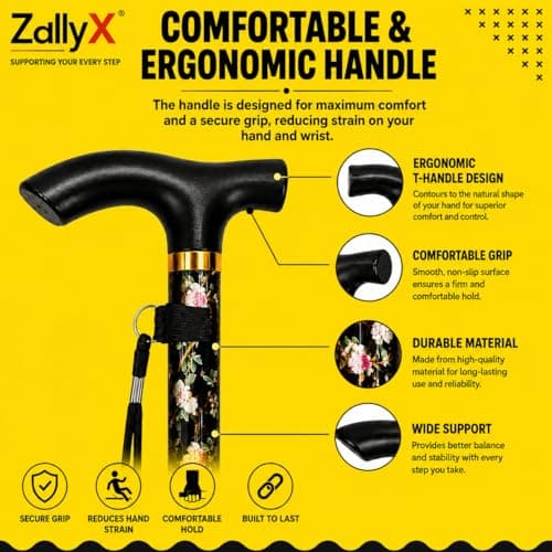 ZallyX Foldable Walking Sticks for Men & Women, 85–95cm Adjustable Ladies Walking Stick, Mobility aids, Collapsible walking stick For Elderly Adults (Black Flower) — view 3