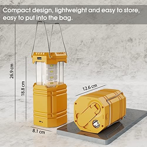 LED Camping Lantern for Emergency, Ultra Bright Outdoor Solar Flashlight with 35 Hours Play Time, Hand Crank Collapsible LED Tent Light, Portable USB Charger Yellow — view 3