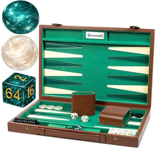 Large Backgammon Set for Adults – Classic Board Game for 2 Players – 15 Inch Premium Backgammon Board with Alcantara & Faux Leather Case, 32 Playing Chips, Dice Cups & Doubling Cube