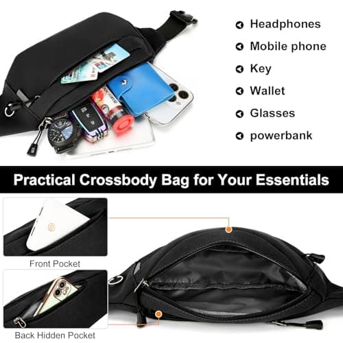 RISIPU Bumbags for Ladies Men,Waterproof 3 Zip Pockets Waist Bag with Headphone Jack and Adjustable Strap,Lightweight Bum Bag for Sport Running Hiking Cycling Travel ，Black — view 2