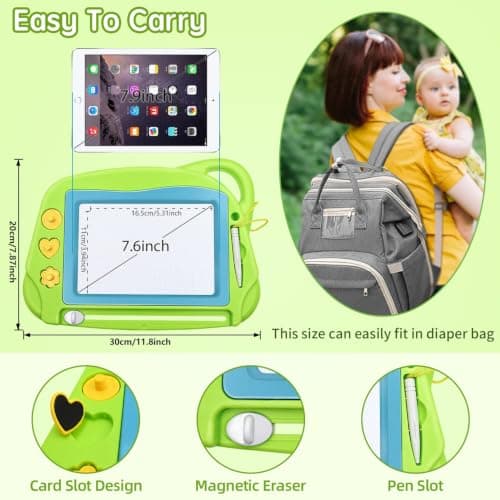 AiTuiTui Travel Size Magnetic Drawing Doodle Board for Toddlers, Colorful Writing Tablet-Mini Erasable Etch Sketching Pad with 3 Stamps and 1 Pen Educational Toys for Kids 3 4 5- Green — view 5
