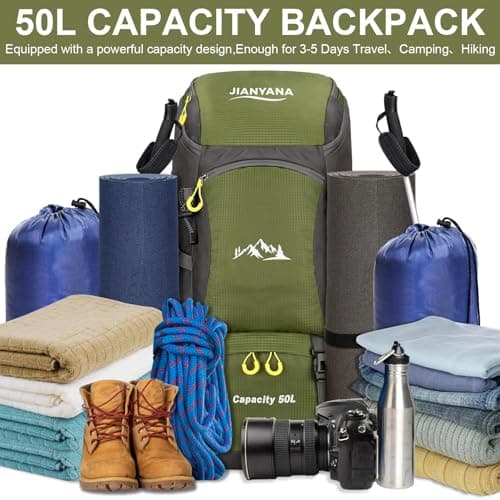 jianyana Hiking Backpack Waterproof 50L Foldable Rucksack Durable Lightweight Camping Bag with Rain Cover for Camping Trekking Hiking Walking Cycling Climbing Outdoor Sports for Women Men(ArmyGreen) — view 3