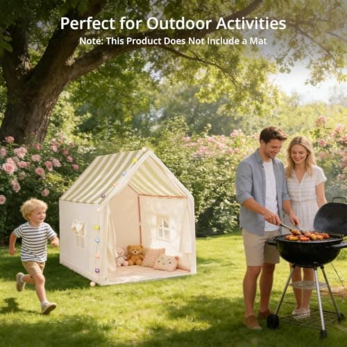 Anbte Kids Play Tent with String Lights Indoor, For 1-3 Kids, Beige Stripes — view 5