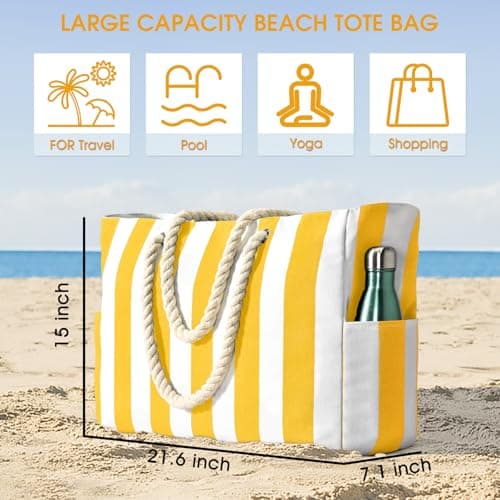 Becokan Beach Bags for Women Stripe Large Beach Tote Bag, Yellow, L — view 6