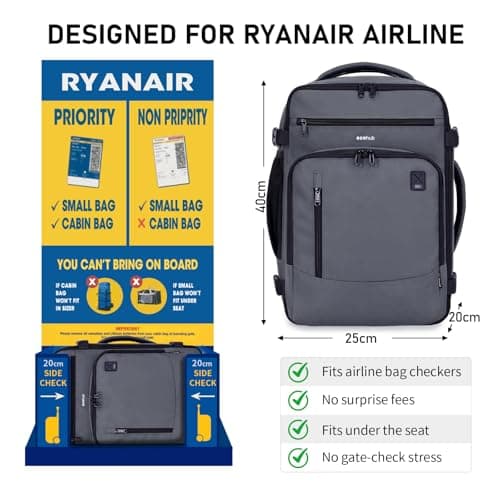 ECOHUB for Ryanair Cabin Bags 40x20x25, Underseat Hand Luggage Backpack with Laptop Compartment, Recycled Travel Carry on Bag, Flight Rucksack with Anti-Theft Pocket, Patented, Grey-20L — view 2