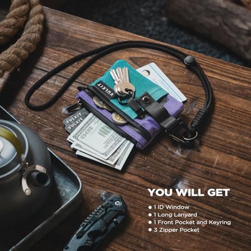 VULKIT Minimalist Small Wallet with ID Window, RFID Blocking Card Holder Water Resistant Zip ID Card Case with Lanyard Keychain for Cards,Cash,Key, Coin — view 3