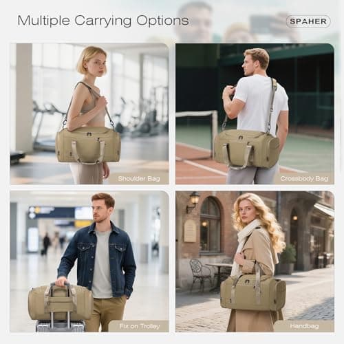 SPAHER Travel Sports Gym Duffle Bag with Shoes Compartment and Wet Pocket Waterproof Weekend Overnight Bag Women with Insulated Pocket Holdall Bag for Swimming Yoga Travel, Khaki — view 6