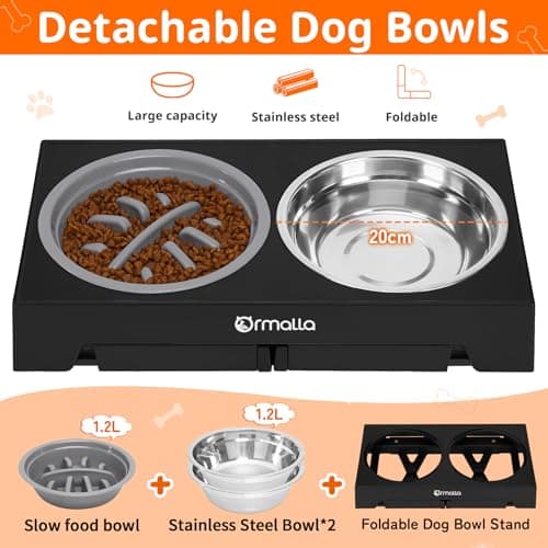 Ormalla Elevated Dog Bowls with Slow Feeder, 5 Heights Adjustable Raised Dog Bowls with 2 Stainless Dog Food Bowl Stand for Large Medium Small Dogs and Pets - Black — view 3