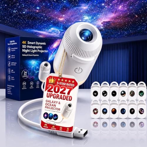 KoolShiro HD Smart 5D Holographic Night Light Projector, Smart HD Projector with 12 Films, 2-in-1 USB Plug & Play 360° Adjustable Ceiling Projector for Bedroom, Car & Ocean Starry Sky