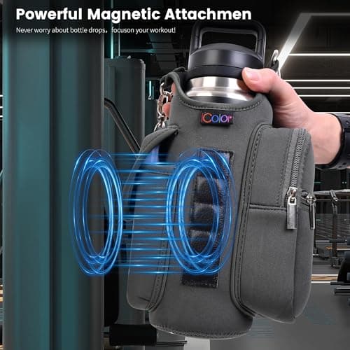 icolor Gym Magnetic Bag Water Bottle Carrier Holder with Strap & Phone Pockets, Diameter 3.9" Magnetic Gym Bag 5 Built-in Magnets Gym Accessories Organizer Pouch Sling Sleeve (Neoprene, Gray) — view 2