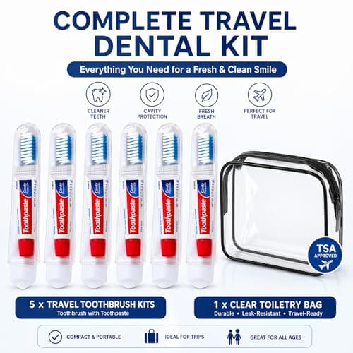 Travel Toothbrush Set of 5 with Mini Toothpaste & Clear Waterproof PVC Bag – Portable Compact Toothbrush Kit for Travel, Holidays, Camping, Business Trips, Gym, Overnight Stays & Family Use — view 2