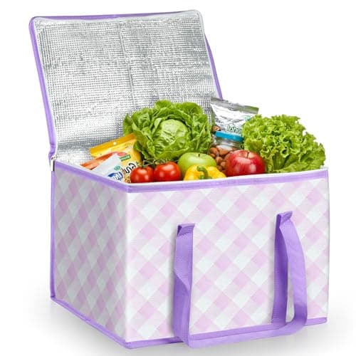 Beautyshow Cool Bag, 40L Large Insulated Bag, Reusable Grocery Shopping Bags with Classic Gingham Design, Foldable Thermal Food Delivery Bags Soft Cooler for Picnic, BBQ, Camping, Beach, Travel, Auto
