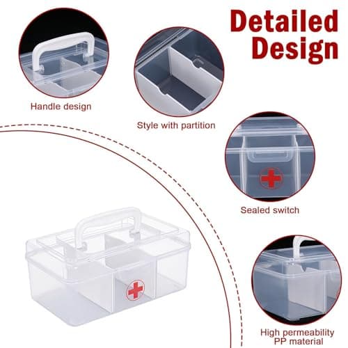 Punorric Medicine Storage Box - Detachable Dividers First Aid Box Empty, Foldable Handle Medical Box & Home First Aid Kit, Transparent Medicine Organiser for Home/Travel/Office-Type A — view 3