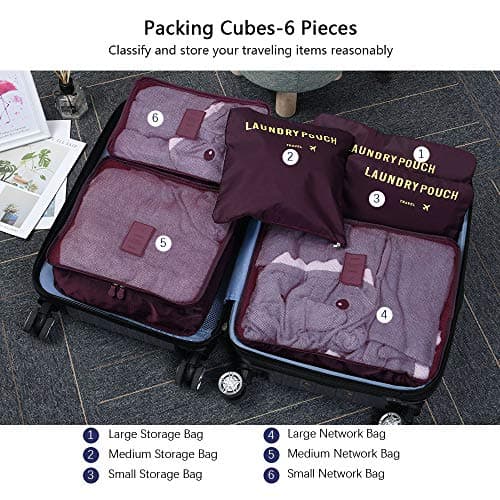 Vicloon Travel Suitcase Organizer Set 6 Pieces, Cube Storage Bags, Waterproof Separators Travel Organizers, Packing Cubes, Organizers Suitcase, for Cosmetics, Shoes, Underwear, red wine, Grande — view 3