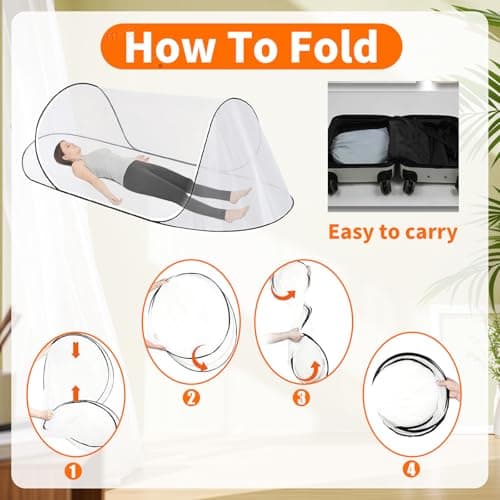 200 * 80 * 56cm Foldable Pop-Up Mosquito Net with Zip, Portable Ultra Light Family Tent for Single Bed, Easy & Fast Installation Mosquitos Net Bed for Home, Dorm, Outdoor, Travel, Camping (White) — view 4