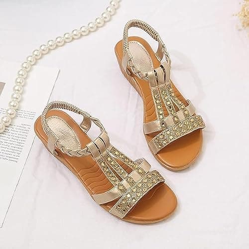 AEHAXGD Rhinestone Wedge Sandals for Women 2026 Summer Orthopedic Bohemia Sparkly T Strap Shoes Embellished Jeweled Beaded Sandals with Elastic Ankle Strap Comfy Cute Sandals for Beach Travel — view 6