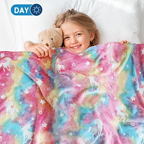 Ranedo kids Blanket, Glow in the Dark Blanket 150cm x 190cm, Unicorn Throw Kids Cozy Flannel Fleece, All Seasons Throw Christmas Holiday Birthday Gifts for Girls Teen Children Adults, Pink — view 2