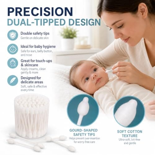 Beavorty Baby Cotton Buds [56 Pack], Organic Bamboo Swabs with Safety Double Tips, Plastic-Free & Biodegradable Eco Sticks for Newborn Ear, Nose and Navel Cleaning, 100% Pure Natural Cotton — view 4