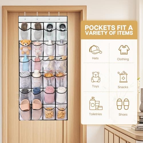 lafo Over Door Shoe Storage, Shoe Organizer with 24 Pockets, Hanging Storage for Closet, Bedroom, Bathroom, 4 Reinforced Hooks, Large Mesh Shoe Hanger, Space Saving (White, 24 squares) — view 3