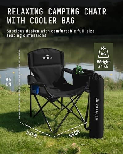 Voyager Folding Camping Chairs 2 Pack with Cooler Bag, Lightweight Q195 Steel Frame, 600D Oxford Fabric, Portable & Comfortable - Black — view 2