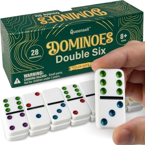Dominos Set for Adults with Colored Dots - Double 6 Dominoes Set is a Classic Board Games for Kids and Adults - Double Six Standard Dominos Set 28 Tiles