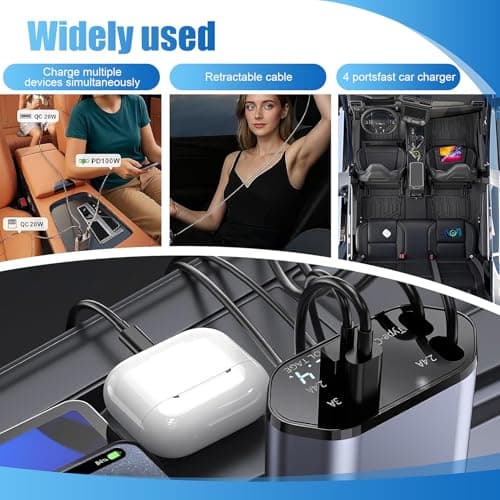 Retractable Car Charger, 4-in-1 Car Phone Charger 120W Fast Charge with 2 Retractable Cables and 2 USB Ports, Dual USB Ports Car Cigarette Lighter Adapter for Phone, Tablets, Multifunctional — view 6