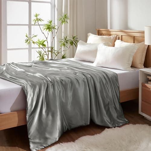 MILVOWOC Silver Grey Satin Throw Blanket - 60 x 80 Inches, Cooling Packable Lightweight Satin Blanket, Soft & Cozy Silky Throw Blanket for Couch Sofa Bed Outdoor Travel — view 4