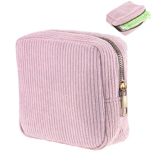 JIEYAO Corduroy Sanitary Napkin Storage Bag, Portable Period Bag for Teen Girls, Cute Period Pouch Soft Menstrual Cup Pouch Menstruation First Pad Bag Tampon Holder for Women (Pink)