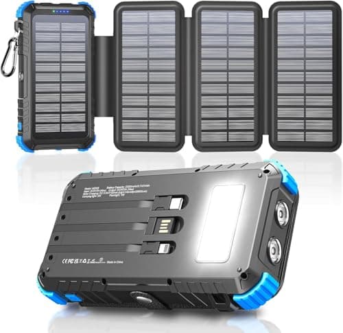 Solar Power Bank 20000mAh with 4 Panels & Built in Cables, Portable Charger with USB-C, Powerbank 15W Fast Charging 3A Output/Input for Phone, Outdoor Camping Battery Pack with Flashlight