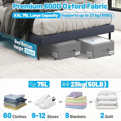 Kukikan Under Bed Storage on Wheels, 2-Pack 24 CM XXL 75L Rolling Under Bed Storage Bag with Zip, Simple Assembly Under Bed Storage Box with Lid & Label, Under Bed Drawers for Clothing, Shoes, Grey — view 2