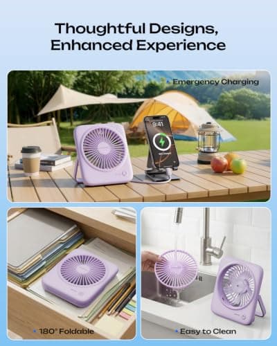 Otlonpe Portable Desk Fan, 4000mAh Small Rechargeable Quiet Personal Fan Battery-Operated & USB-Powered for Table, Travel, Bedroom, Sleeping, Office, Home Use, Cordless, 4-Speed, 6.5 Inches (Purple) — view 6