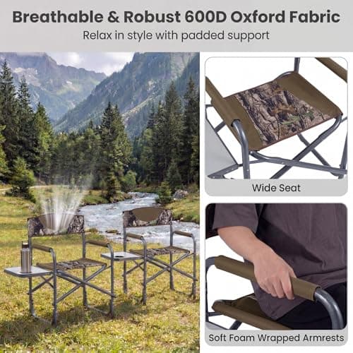 TANGZON Folding Camping Chair, Portable Comfy Directors Chair with Side Table & Cup Holder, Heavy Duty Oversized Seat for Garden Fishing Beach Picnic (Camouflage, 82 x 46 x 88 cm, no Storage Pocket) — view 5