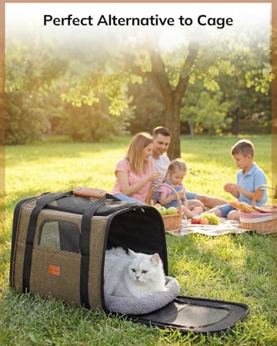 Morpilot Cat Carrier - Airline Approved, Top Opening Portable Dog Bag with Breathable Mesh/Removable Mat, Adjustable Shoulder Strap & Bowl, Foldable Travel Cage, M, Brown (Max 7kg) — view 6