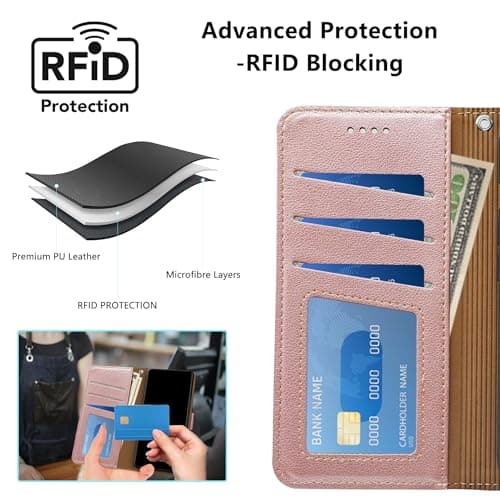 AUUYYA Phone Case for Samsung Galaxy A37 5G, PU Leather RFID Blocking Flip Wallet Cover with Card Slots Kickstand Magnetic Closure, Shockproof Phone Wallet Case Samsung A37 for Girls Women, Rose Gold — view 2