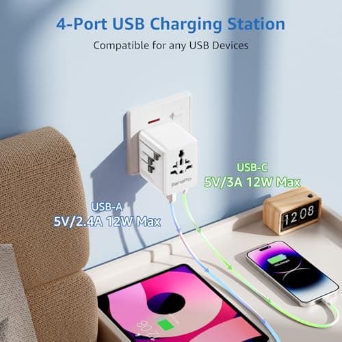 Banaplo Universal Travel Adapter, Worldwide Travel Plug Adapter with Extra US Socket, 2 USB-C and 2 USB-A Ports, All in One International Travel Adapter for UK, EU, USA, Australia etc. — view 5