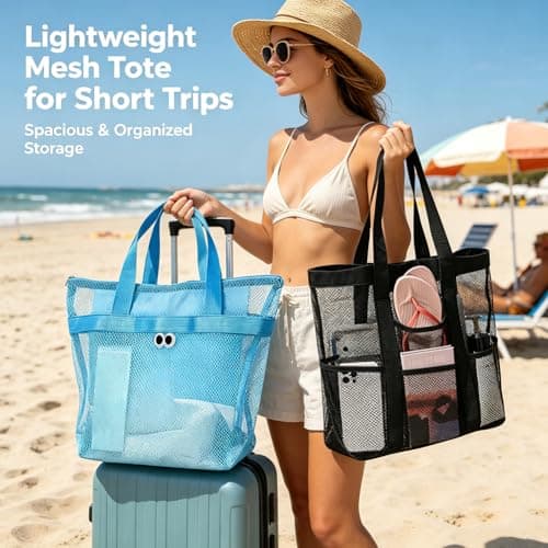 QWEPU Mesh Beach Bags, 2PCS Lightweight Large Pool Beach Tote Bag, Portable Mesh Beach Tote Bag Mesh Sand Bag Mesh Beach Bag Suitable for Pool, Beach, Travel (Blue+Black) — view 2