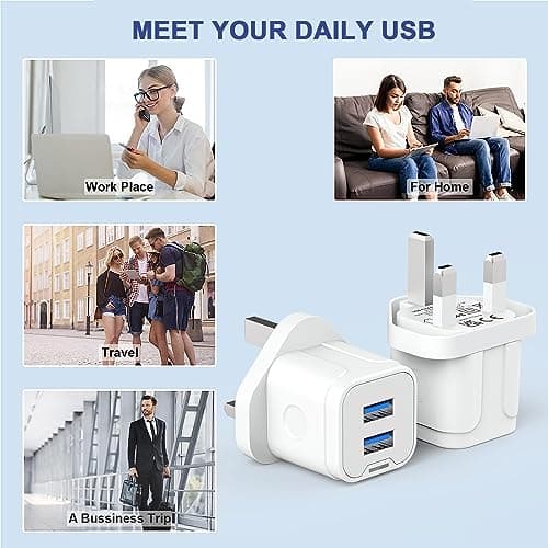 ZIPENDAR USB Plug,Dual USB Charger Plug Adaptor UK 3 Pin Mains Charger Double Port 5V 2Amp Phone Charging Plug Compatible with iPhone 16 15 14 13 12 11 Pro Max 10 XS X XR 8 7 6 6S Plus 5 SE 2020,iPad — view 6