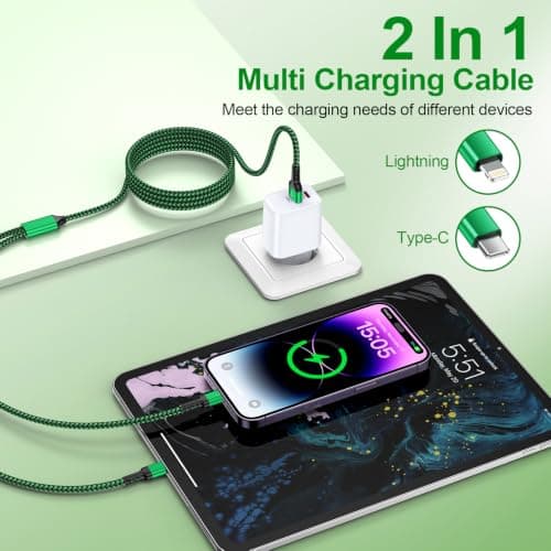 1.2 M Green Nylon 2 in 1 Multi Charger Cable with Type C & Lightning Port — view 2