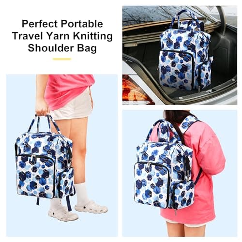 JOZEA Knitting Bag Backpack with USB Charging Port, Large Craft Organiser Bag for Knitting Accessories, Wool Storage for Crochet Projects, 2-Way Travel Bags and Totes,(Geometric Pattern) — view 6