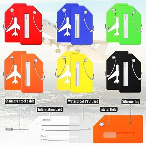 6 PCS Luggage Tags Silicone Suitcase Tags with Steel Loop Luggage Labels with Name ID Address Card, Waterproof Baggage Labels for Travel Bag Quickly Spot Luggage (9 x 4 cm, 6 Colours) — view 3