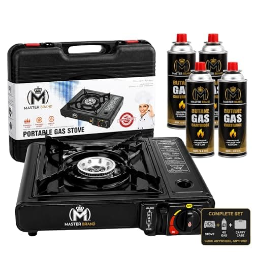 Portable Camping Gas Stove with 4 Butane Gas Canisters & Carry Case – Portable Butane Gas Cooker for Camping, Caravan, Fishing, BBQ & Emergency Cooking – Single Burner Portable Stove — view 2