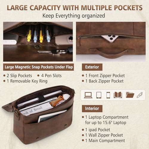 RAINSMORE Leather Messenger Bag for Men 15.6 Inch Waterproof Laptop Bag Vintage Computer Briefcase Large Shoulder Satchel Bags for Work Business Office College — view 3