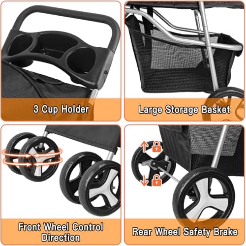 display4top Pet Travel Stroller Dog Cat Pushchair Pram Jogger Buggy with 4 Wheels (Black) — view 4