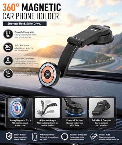 Ultra-Secure Magnetic Wireless Car Charger, Car Phone Holder Wireless Charge, 360 djustable Dashboard Magnetic Phone Charger, Foldable Suction Cup Mobile Mount Charging for 17/16 Pro Max & More — view 2