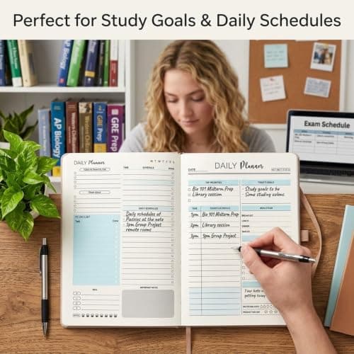 A5 Daily Planner Notebook with Stickers, Faux Leather Cover, 14.8x21.2 cm, Pink, Blue, Green, Schedule, To-Do List, Goals, Meal Plan — view 6